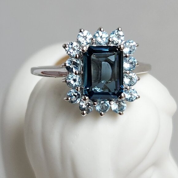 Estate Jewelry - Estate Deep Blue Emerald-Cut Halo Ring with White Accents